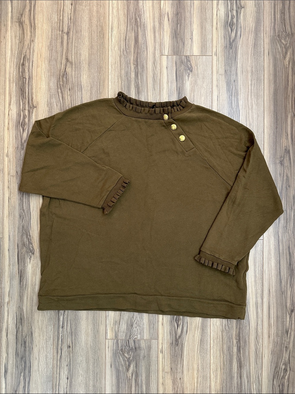 TALBOTS 3X Olive Green Ruffle Trim Reglan Sweatshirt, Crewneck Cotton Sweater